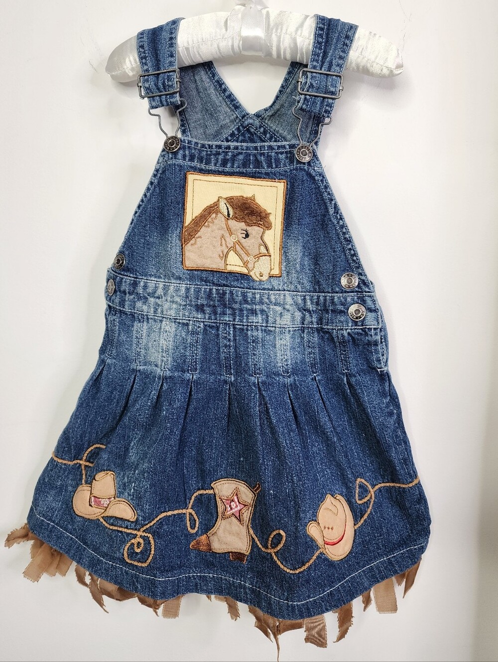 Kids Denim Overall Dress with Horse Cowboy Hat Boot Rope Embroidery - Blue, 2T